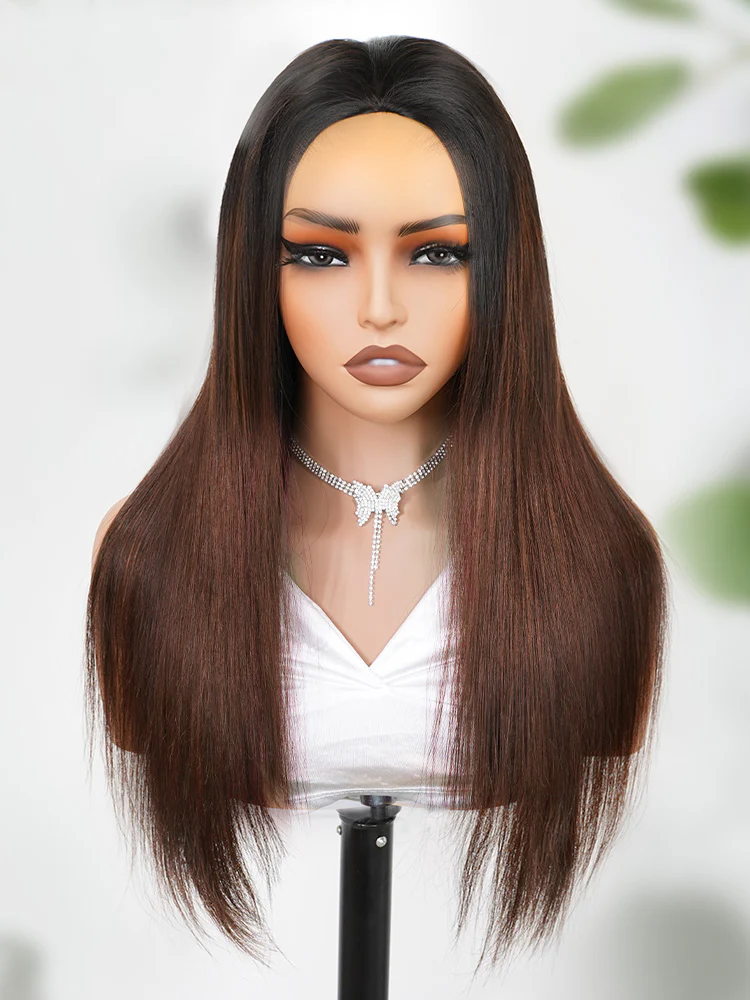 CurlyMe 3 In 1 Half Wig Black to Chestnut Brown Ombre Yaki Straight Glueless Install Half Wig Beginner Friendly - Image 3