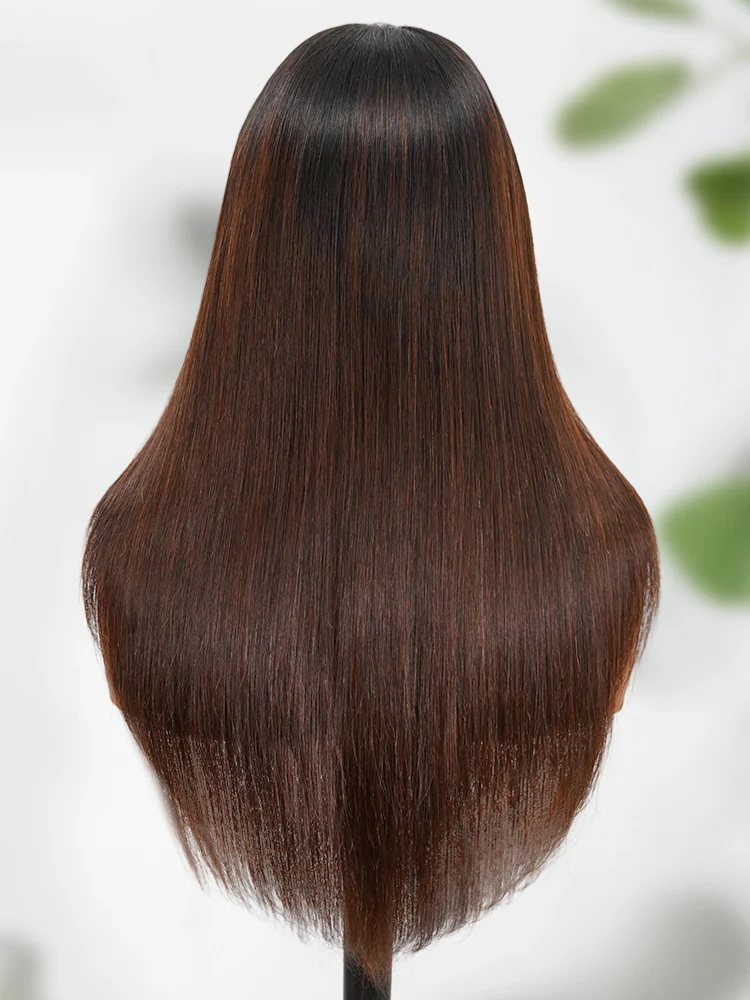 CurlyMe 3 In 1 Half Wig Black to Chestnut Brown Ombre Yaki Straight Glueless Install Half Wig Beginner Friendly - Image 4