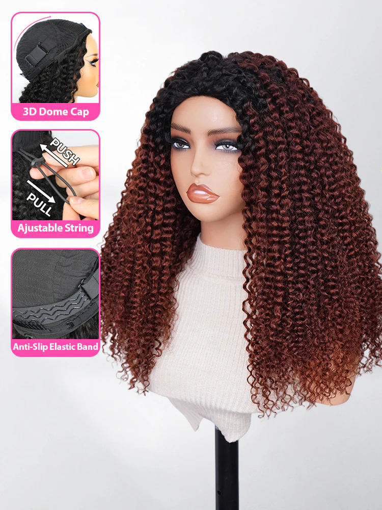 CurlyMe 3 IN 1 Reddish Brown Kinky Curly Half Wig with Black Roots-Glueless & Beginner Friendly - Image 3