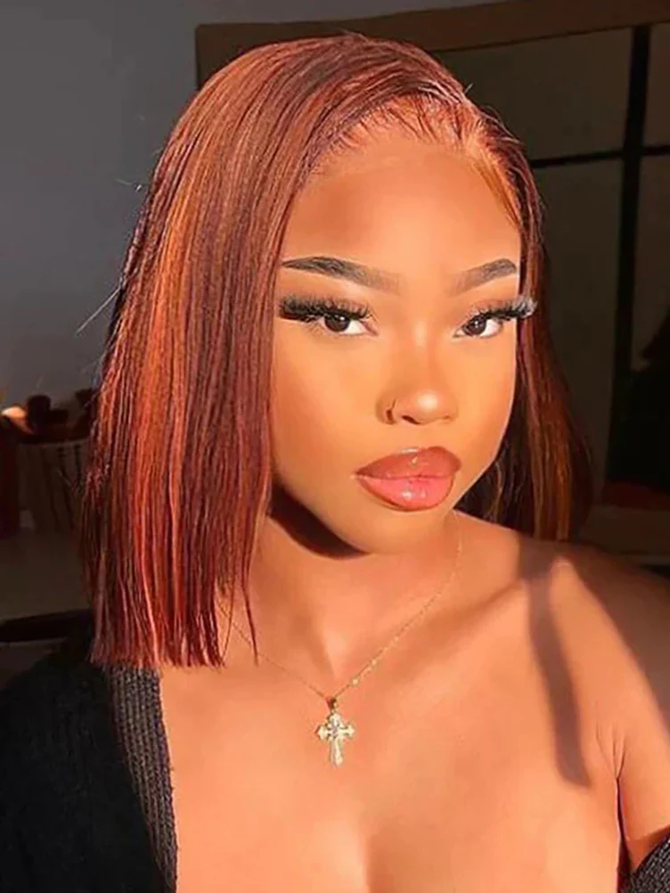CurlyMe #33 Color Rose Red Bob Wig Straight Hair Lace Front Wigs