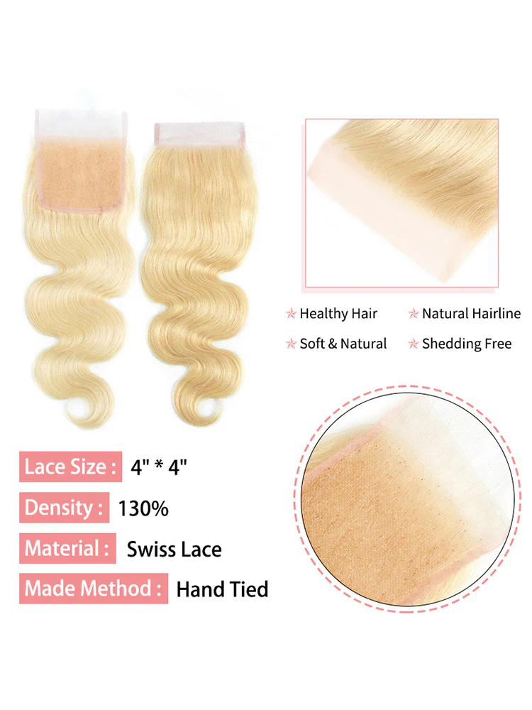 CurlyMe 613 Blonde Virgin Human Hair Body Wave 3 Bundles With 4x4 Closure - Image 4