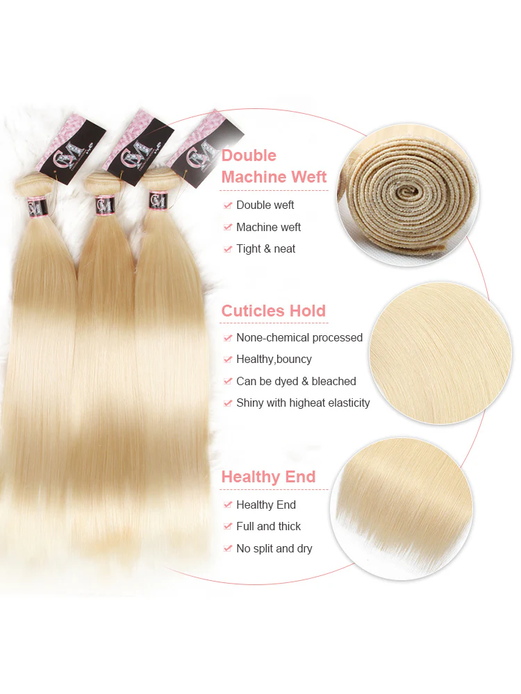 CurlyMe 613 Blonde Straight Human Hair 3 Bundles With 4x4 Lace Closure - Image 3