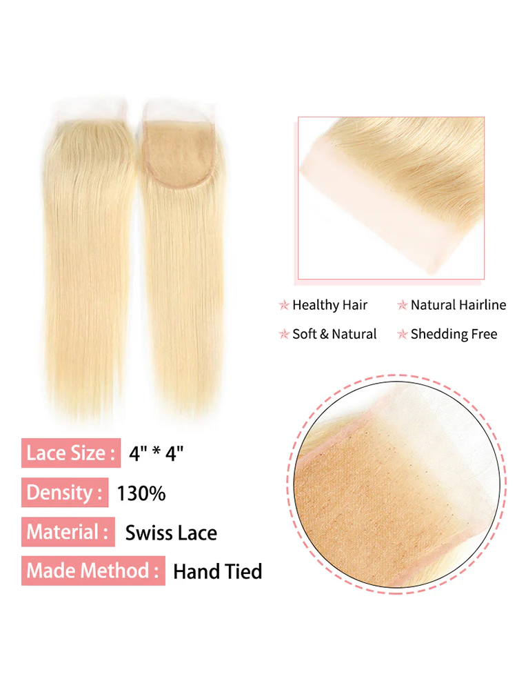 CurlyMe 613 Blonde Straight Human Hair 3 Bundles With 4x4 Lace Closure - Image 4
