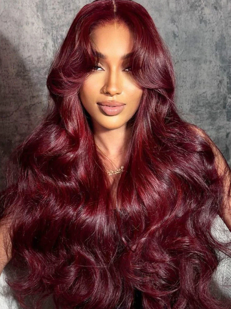 CurlyMe Body Wave 99J Burgundy Color Wear Go Glueless 7x5 Lace Wigs Human Hair Wigs