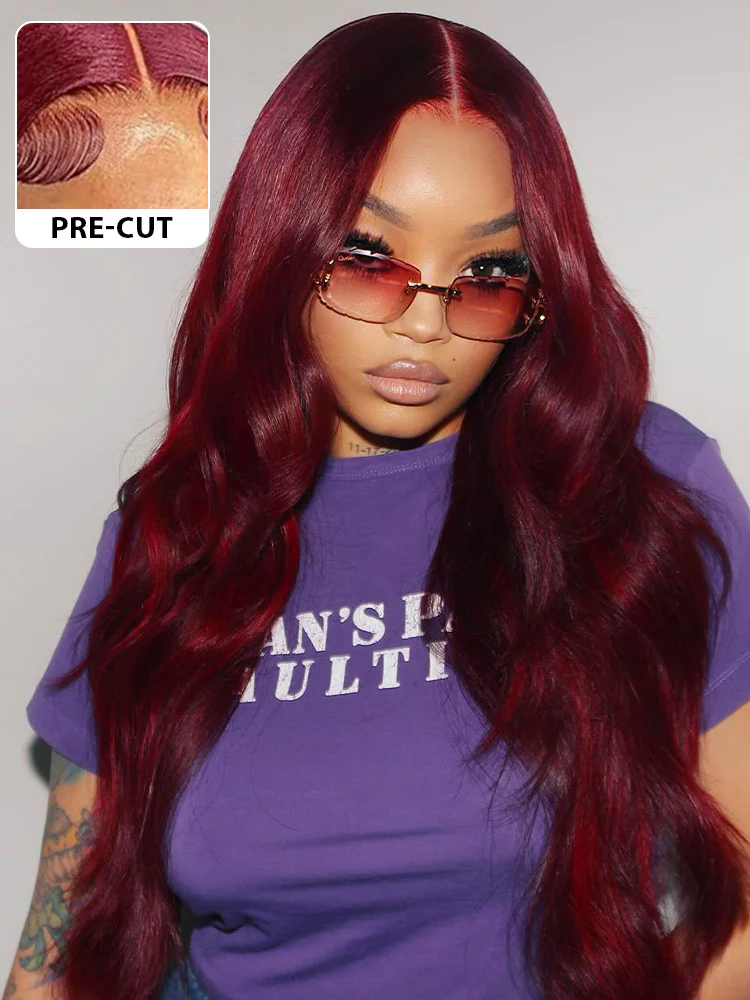 CurlyMe Body Wave 99J Burgundy Color Wear Go Glueless 7x5 Lace Wigs Human Hair Wigs - Image 2
