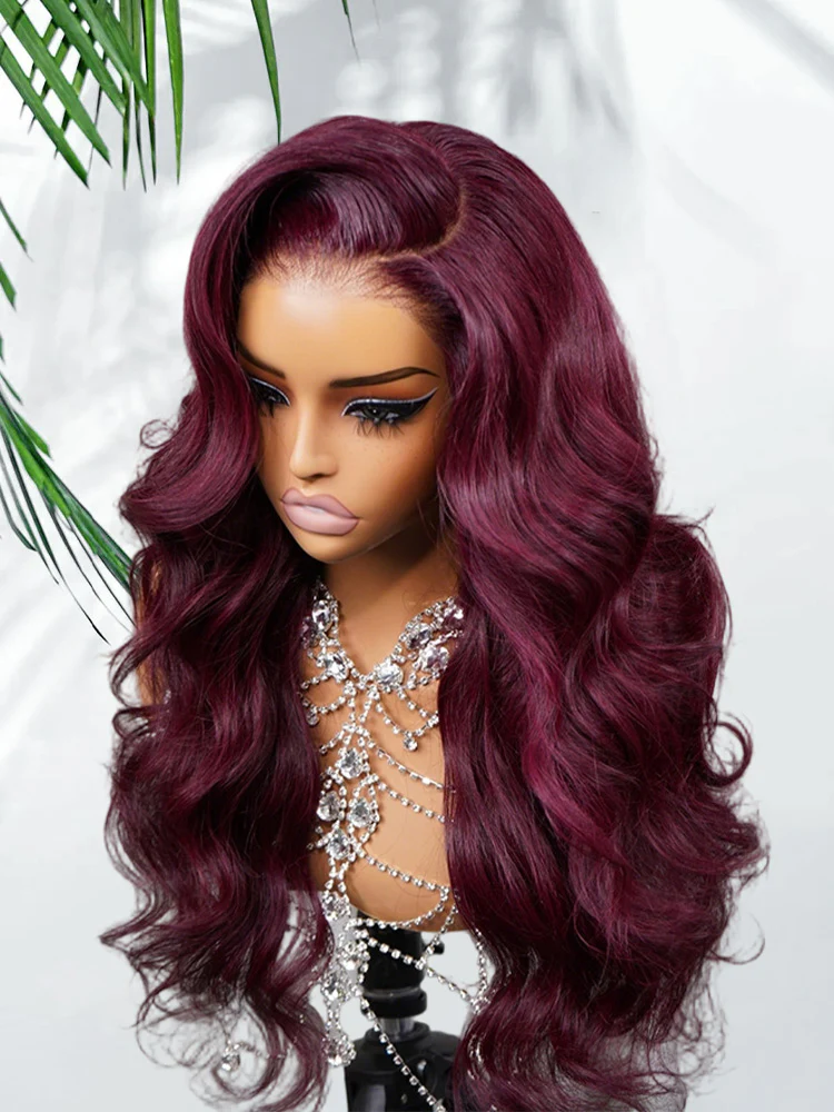 CurlyMe Layered Cut 99J Burgundy Color Body Wave Wear Go Glueless 7x5 Lace Wigs Human Hair Wigs - Image 4