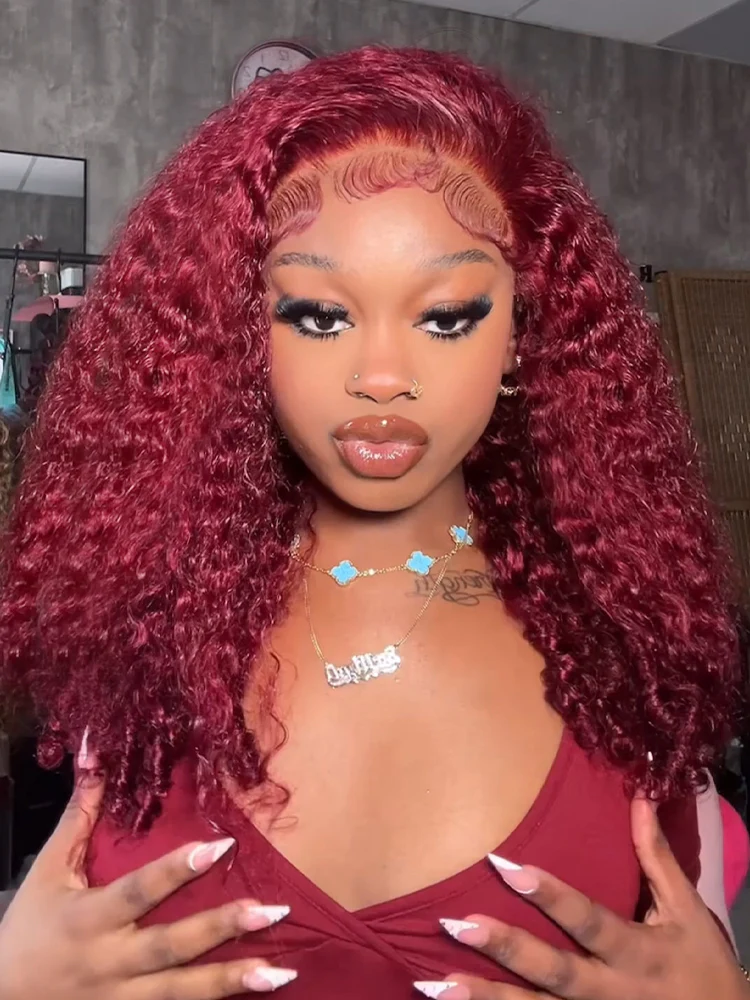 CurlyMe 99J Burgundy Color Burmese Curly Glueless Wig Pre Cut 13x6 Lace Snug Fit Wear Go Glueless Wig - Image 4