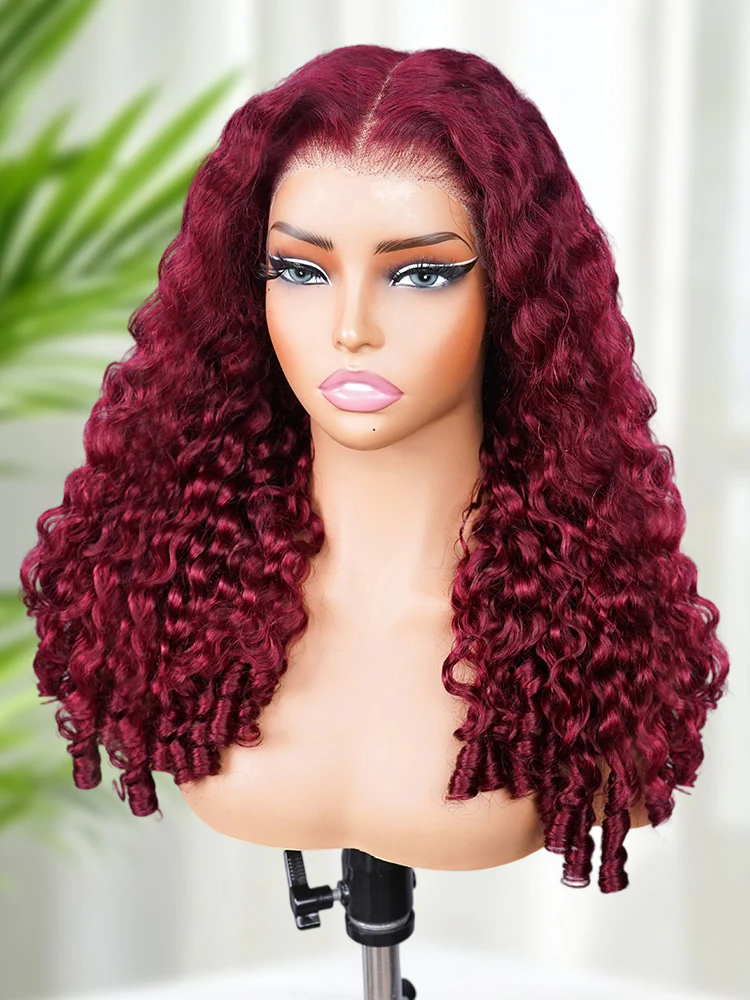 CurlyMe 99J Burgundy Color Burmese Curly Glueless Wig Pre Cut 13x6 Lace Snug Fit Wear Go Glueless Wig - Image 5