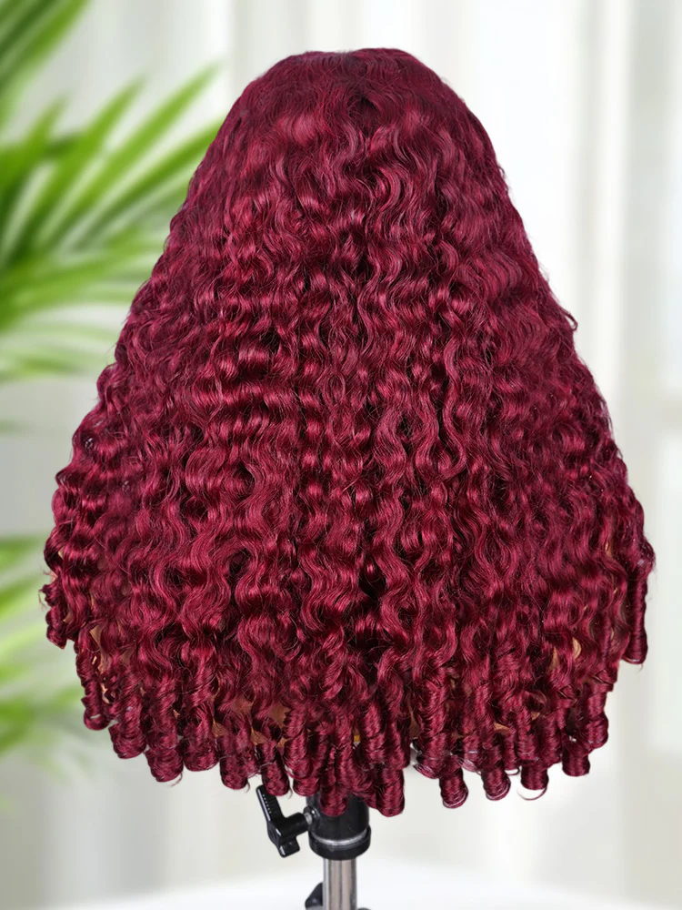 CurlyMe 99J Burgundy Color Burmese Curly Glueless Wig Pre Cut 13x6 Lace Snug Fit Wear Go Glueless Wig - Image 7