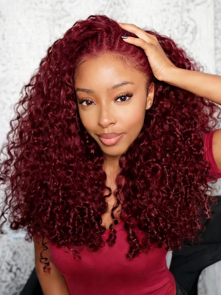 CurlyMe 99J Burgundy Color Burmese Curly Miracle Knots Pre-Separated Feather Crochet Human Hair Knotless Boho Braids Remy Hair Extensions