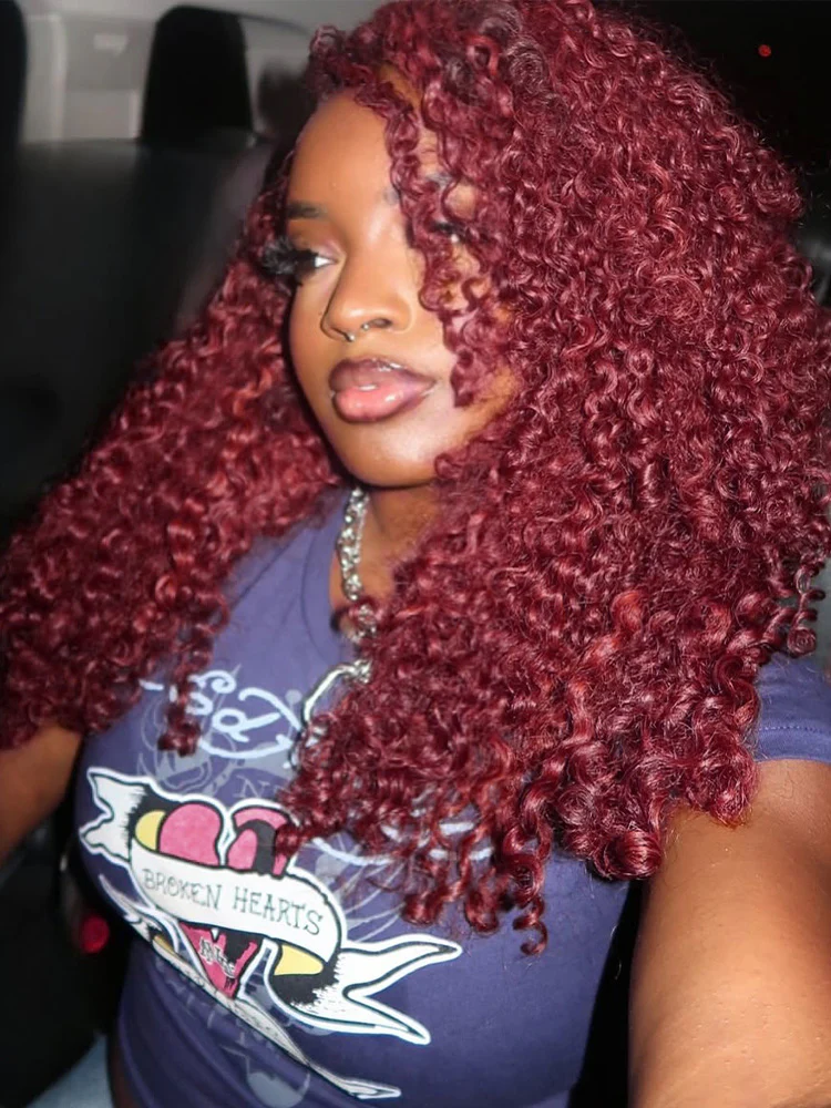 CurlyMe 99J Burgundy Color Burmese Curly Miracle Knots Pre-Separated Feather Crochet Human Hair Knotless Boho Braids Remy Hair Extensions - Image 3