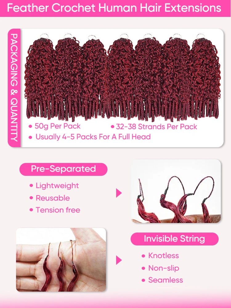 CurlyMe 99J Burgundy Color Burmese Curly Miracle Knots Pre-Separated Feather Crochet Human Hair Knotless Boho Braids Remy Hair Extensions - Image 6