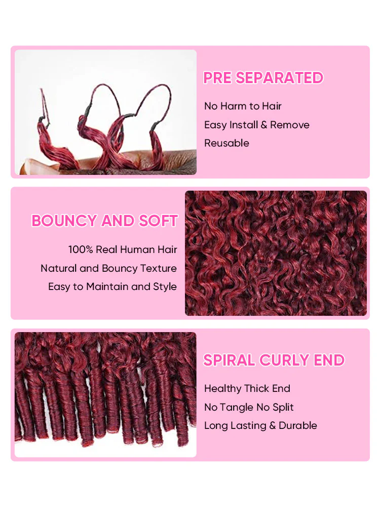 CurlyMe 99J Burgundy Color Burmese Curly Miracle Knots Pre-Separated Feather Crochet Human Hair Knotless Boho Braids Remy Hair Extensions - Image 7
