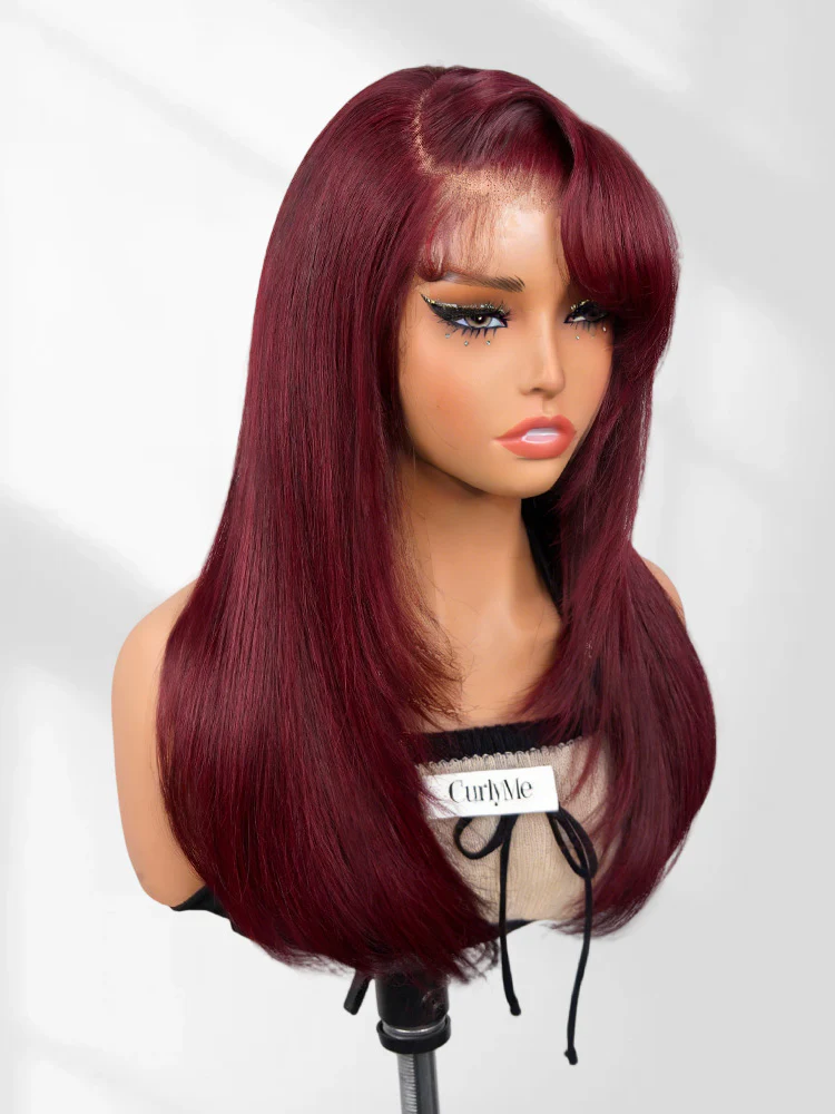 CurlyMe 99J Burgundy Color Layered Side Part Straight Human Hair With Bangs Pre-Cut 9x6 Lace Drawstring Wear Go Glueless Wig - Image 3
