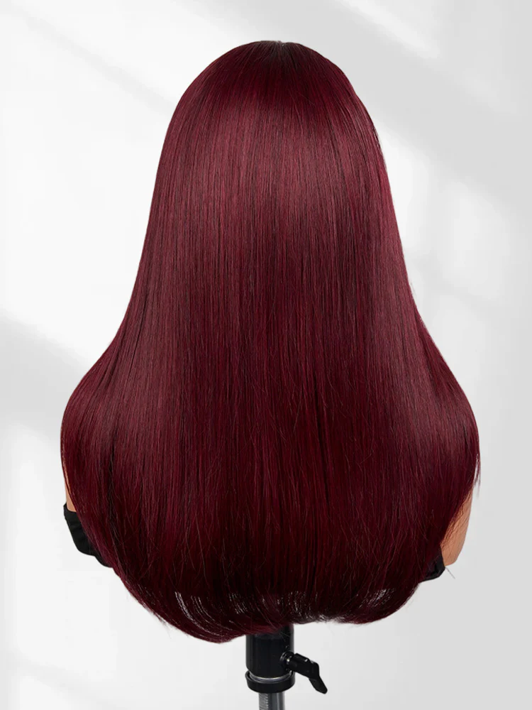CurlyMe 99J Burgundy Color Layered Side Part Straight Human Hair With Bangs Pre-Cut 9x6 Lace Drawstring Wear Go Glueless Wig - Image 4