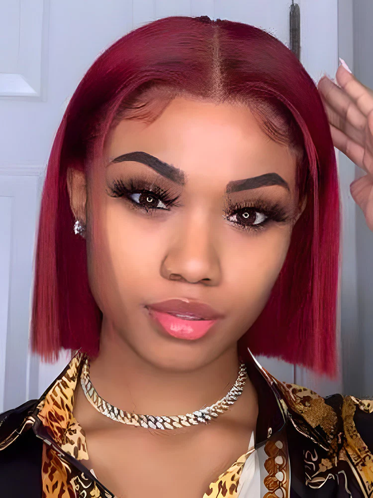 CurlyMe 99J Burgundy Color Bob Wigs Straight Short Cut Hair 13x4 Lace Front Wigs Pre Plucked - Image 2