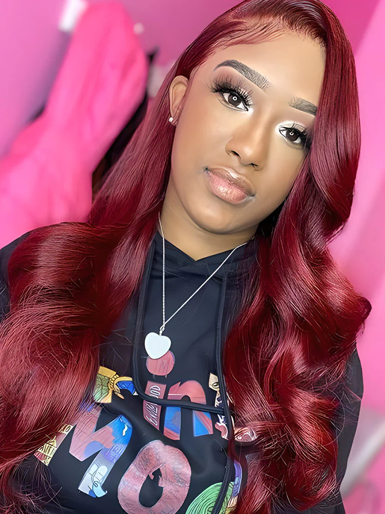 CurlyMe 99J Burgundy Color Body Wave Hair 13x4 Lace Front Wigs Pre Plucked Hairline - Image 6