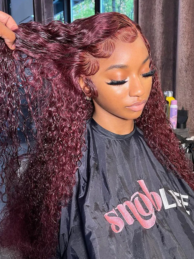 CurlyMe 99J Burgundy Color Water Wave Hair 13x4 Lace Front Wigs With Baby Hair - Image 2