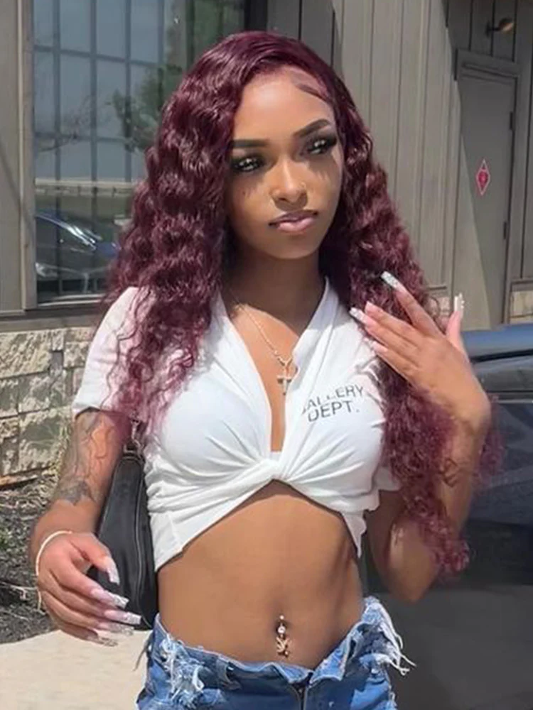 CurlyMe 99J Burgundy Color Water Wave Hair 13x4 Lace Front Wigs With Baby Hair - Image 3
