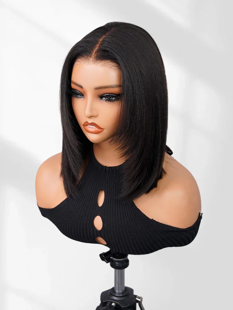 CurlyMe Pre-cut 9x6 Tpart  Wear Go Layered Cut Bob Yaki Straight Wig Natural Black Deep Part Lace Glueless Wig