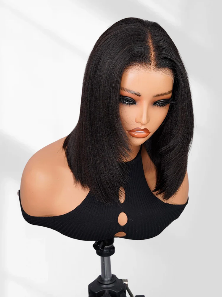CurlyMe Pre-cut 9x6 Tpart  Wear Go Layered Cut Bob Yaki Straight Wig Natural Black Deep Part Lace Glueless Wig - Image 2