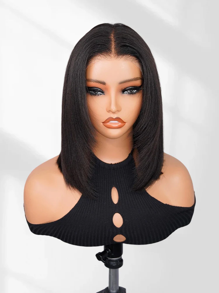 CurlyMe Pre-cut 9x6 Tpart  Wear Go Layered Cut Bob Yaki Straight Wig Natural Black Deep Part Lace Glueless Wig - Image 3