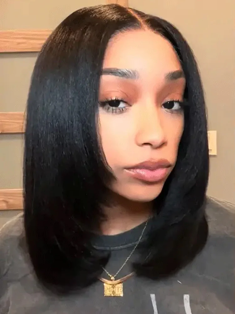 CurlyMe Pre-cut 9x6 Tpart  Wear Go Layered Cut Bob Yaki Straight Wig Natural Black Deep Part Lace Glueless Wig - Image 5