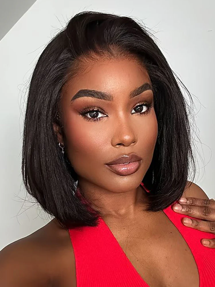 CurlyMe Pre-cut 9x6 Tpart  Wear Go Layered Cut Bob Yaki Straight Wig Natural Black Deep Part Lace Glueless Wig - Image 6