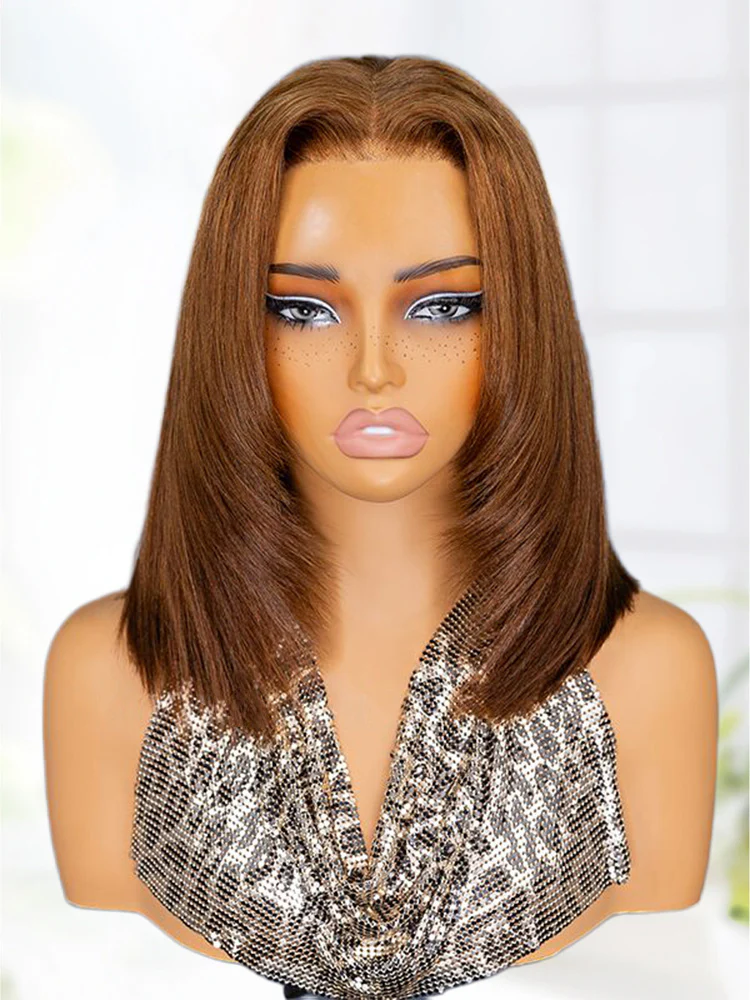 CurlyMe Chestnut Brown Color 9x6 Tpart Yaki Straight Wear Go Layered Cut Bob Glueless Wig Flexible Fit Draw-string - Image 4