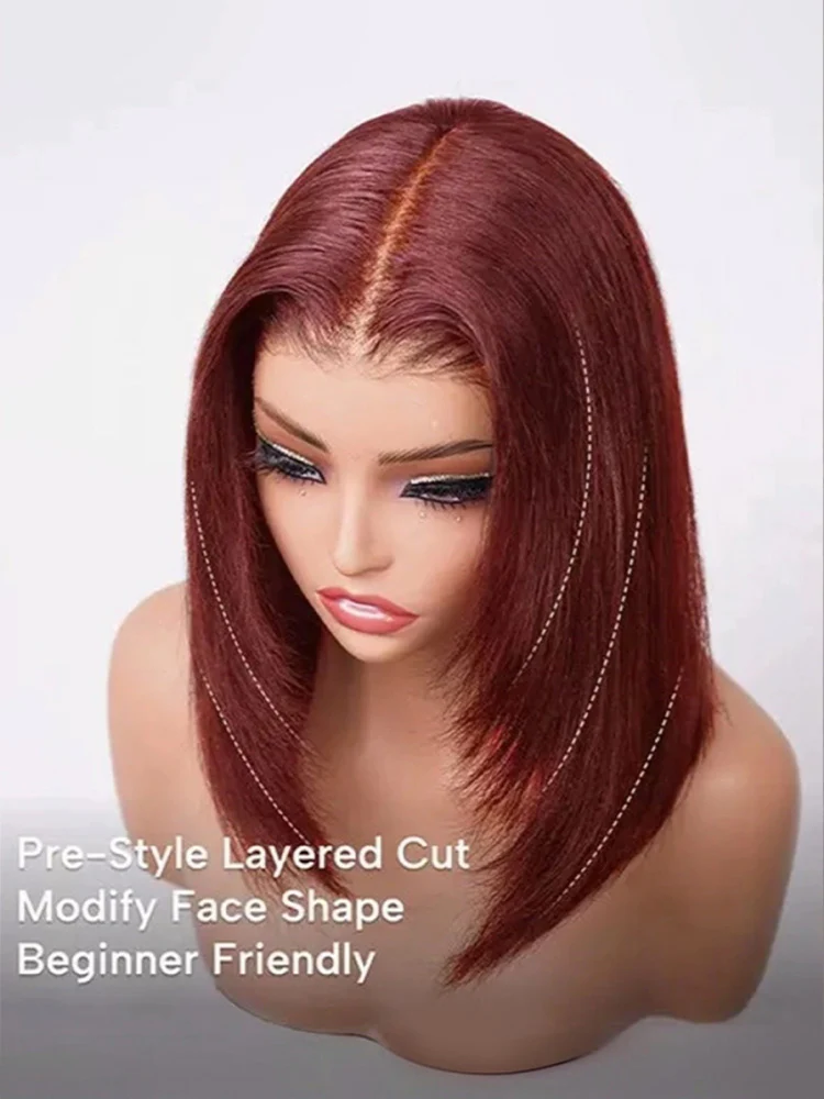 CurlyMe 9x6 Tpart Wear Go Layered Cut Reddish Brown Yaki Straight Bob Wig Deep Part Lace Glueless Wig - Image 2