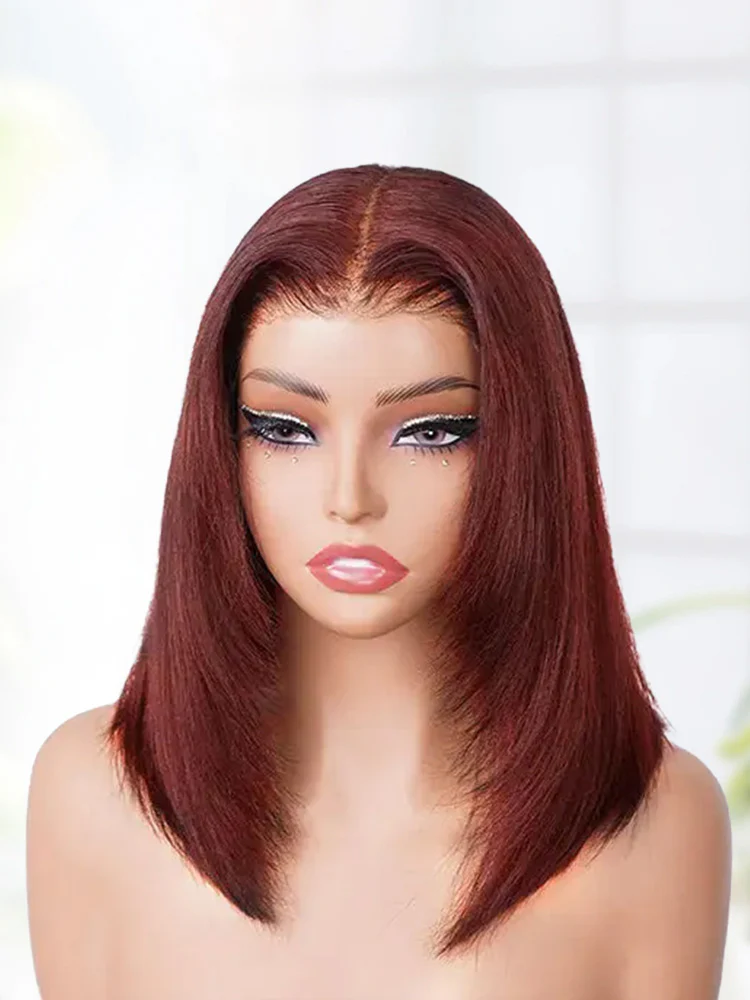 CurlyMe 9x6 Tpart Wear Go Layered Cut Reddish Brown Yaki Straight Bob Wig Deep Part Lace Glueless Wig - Image 3