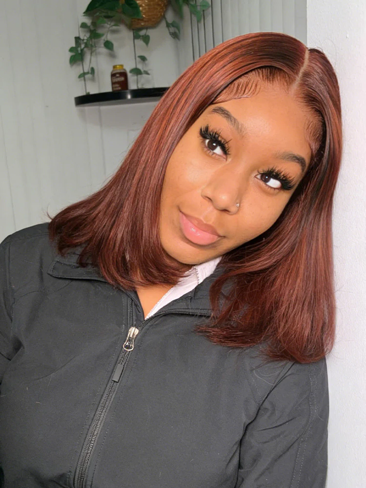 CurlyMe 9x6 Tpart Wear Go Layered Cut Reddish Brown Yaki Straight Bob Wig Deep Part Lace Glueless Wig - Image 6