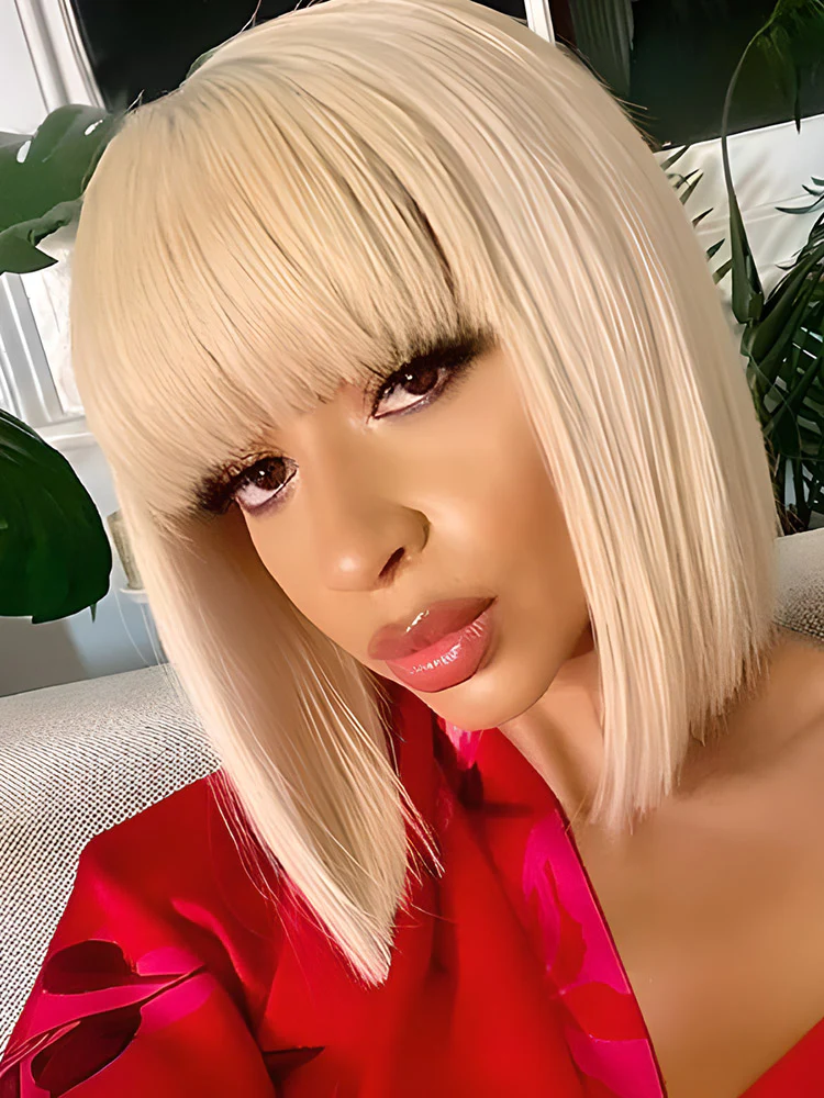 CurlyMe 613 Blonde Bob Wig With Bangs Straight No Lace Human Hair Wigs - Image 5