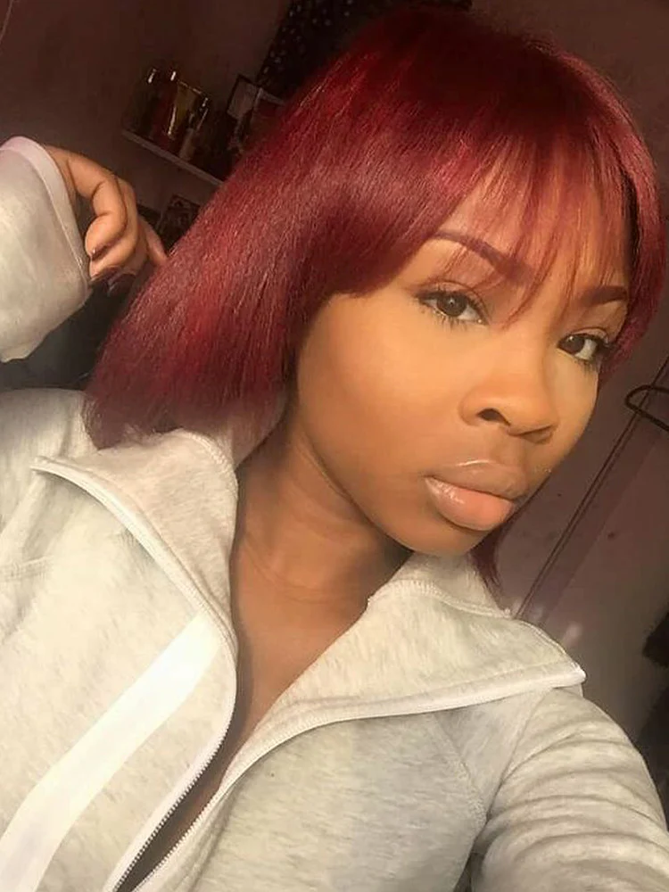 CurlyMe Straight Hair Bob Wigs With Bangs 99J Burgundy Color Wigs With Bangs No Lace No Glue - Image 3