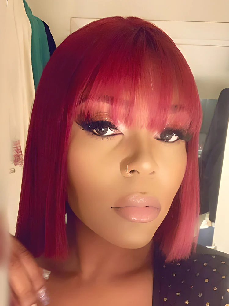 CurlyMe Straight Hair Bob Wigs With Bangs 99J Burgundy Color Wigs With Bangs No Lace No Glue - Image 4