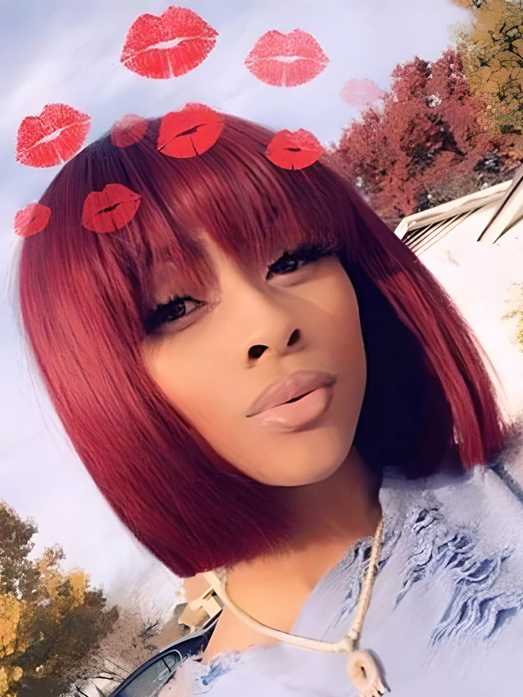 CurlyMe Straight Hair Bob Wigs With Bangs 99J Burgundy Color Wigs With Bangs No Lace No Glue - Image 5