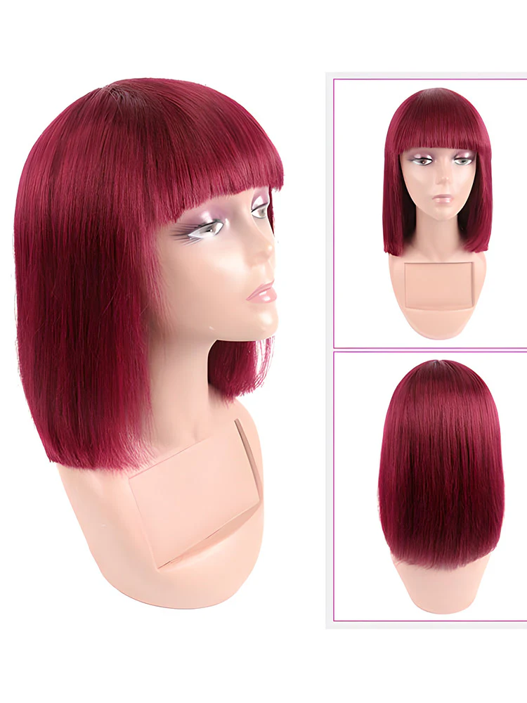 CurlyMe Straight Hair Bob Wigs With Bangs 99J Burgundy Color Wigs With Bangs No Lace No Glue - Image 6