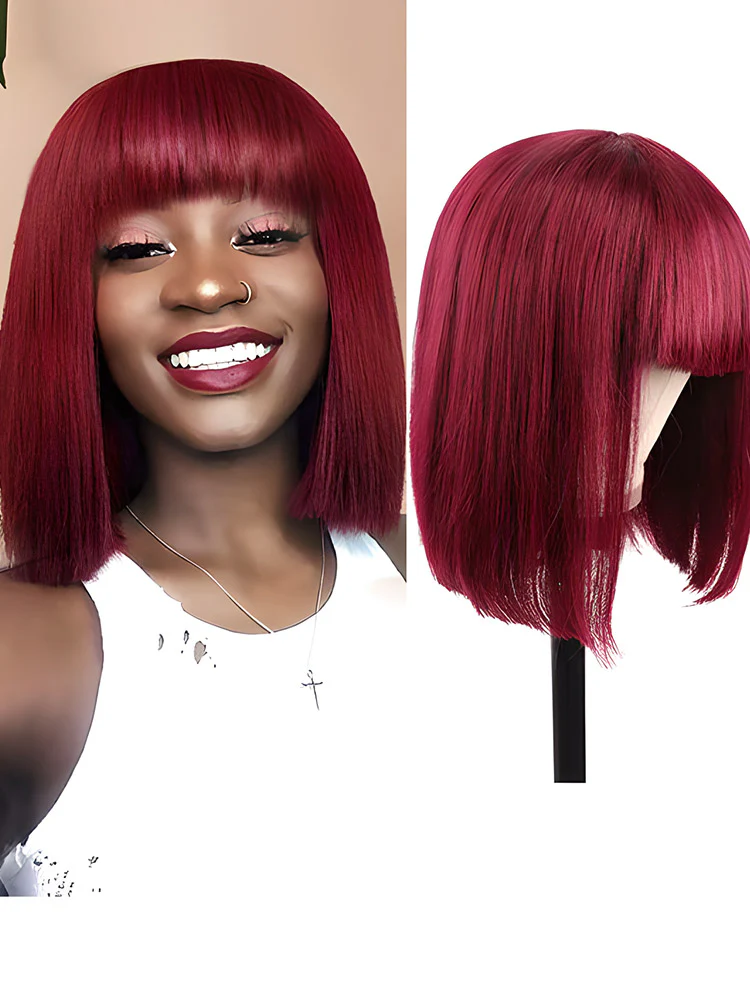 CurlyMe Straight Hair Bob Wigs With Bangs 99J Burgundy Color Wigs With Bangs No Lace No Glue - Image 7