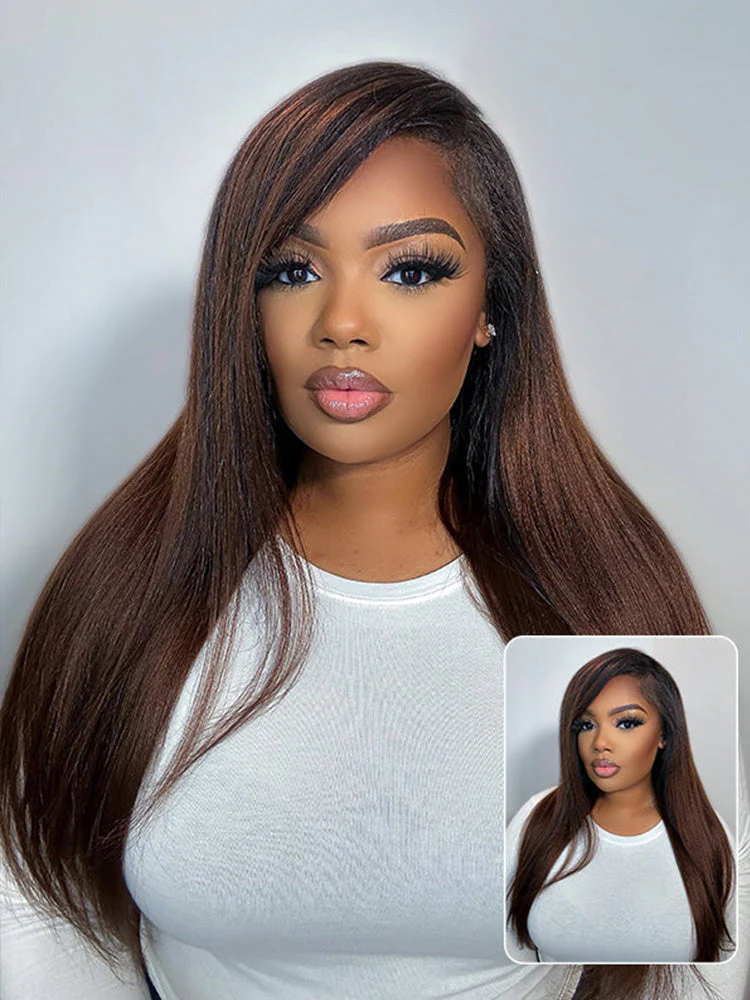 CurlyMe 3 In 1 Half Wig Black to Chestnut Brown Ombre Yaki Straight Glueless Install Half Wig Beginner Friendly - Image 2