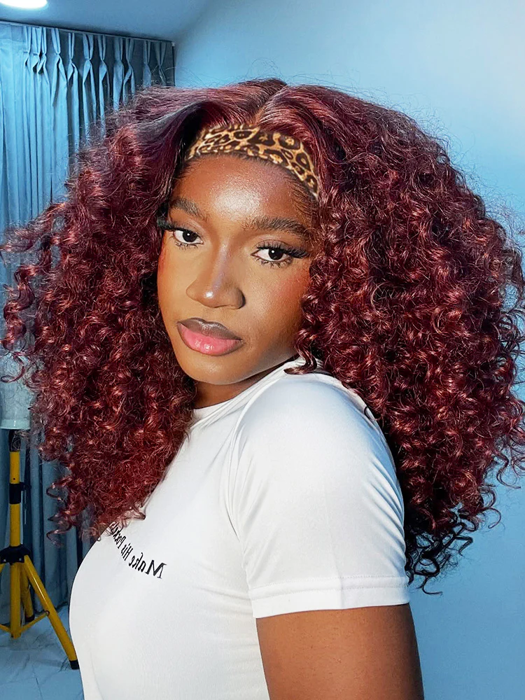 CurlyMe Throw And Go 99J Burgundy Color Kinky Curly Headband Wig Glueless No Lace - Image 3