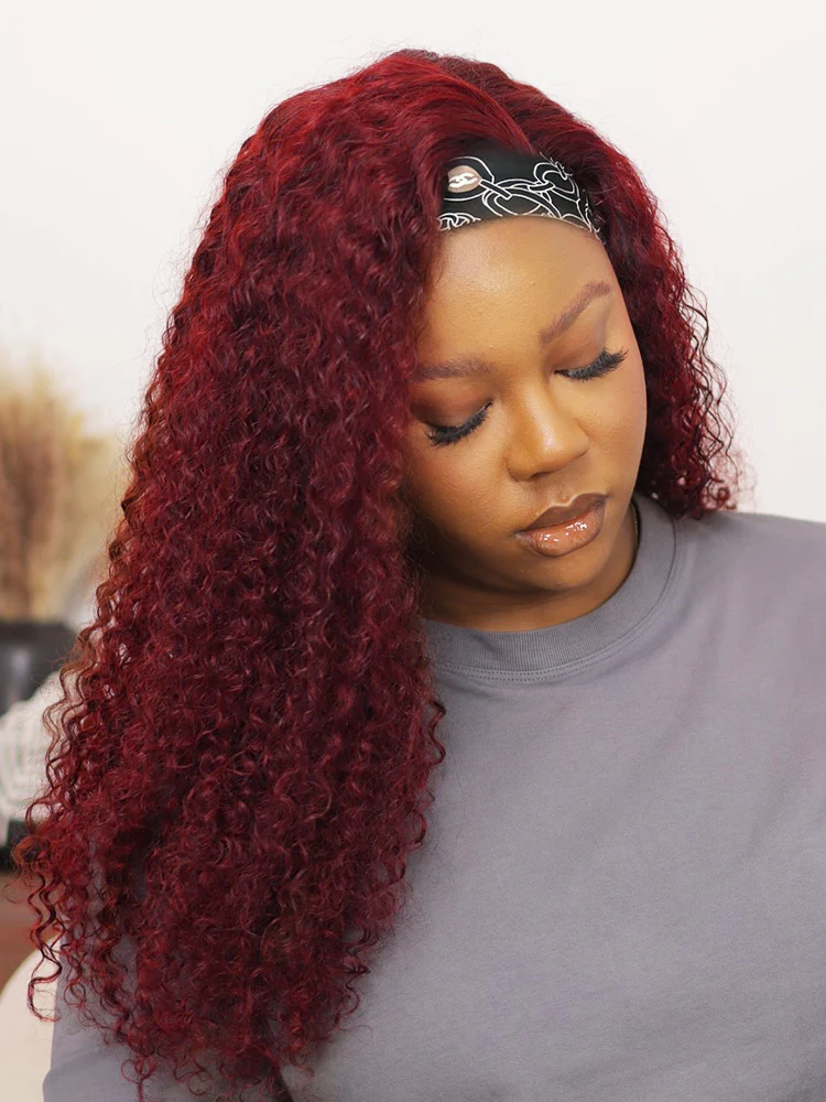 CurlyMe Throw And Go 99J Burgundy Color Kinky Curly Headband Wig Glueless No Lace - Image 9