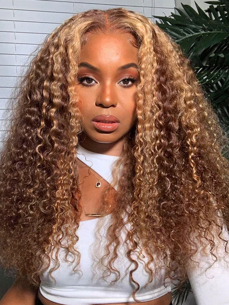 CurlyMe Highlights Ombre Human Hair Wigs Kinky Curly Transparent Lace Wigs Pre plucked - Image 8