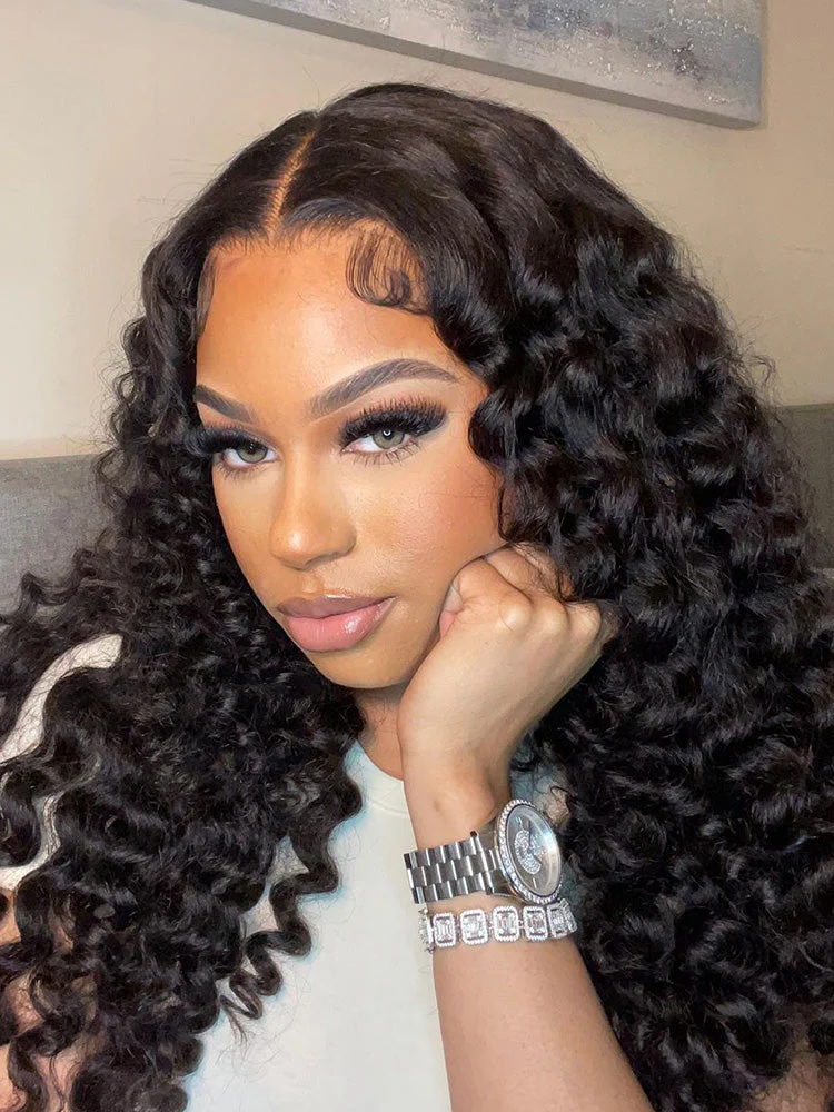 CurlyMe Loose Deep Wave Hair 4x4 Swiss Lace Closure Wigs Pre Plucked Natural Color - Image 3