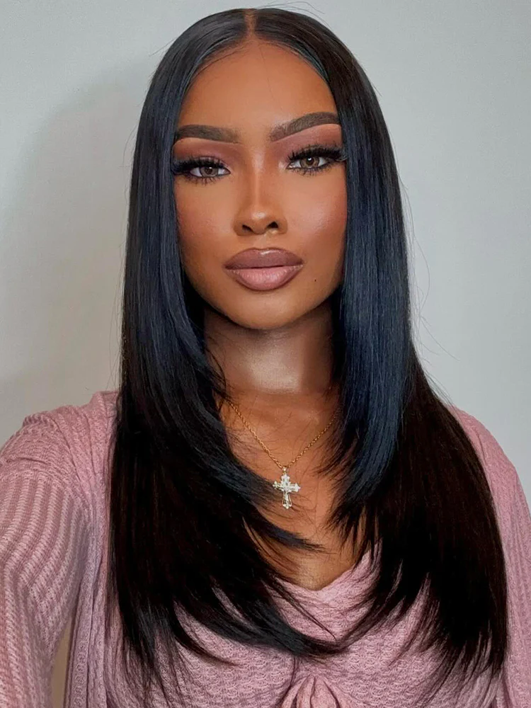 CurlyMe Layered Cut Black to Chestnut Brown Ombre Straight Hair 7x5 Pre-Cut Swiss Lace Wear Go Glueless Wigs - Image 7