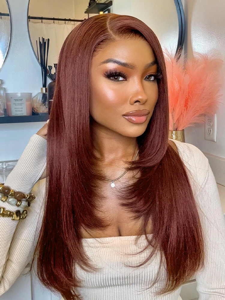 CurlyMe Layered Cut Reddish Brown Straight Hair 7x5 Pre-Cut Swiss Lace Wear Go Glueless Wigs With Adjustable String - Image 2