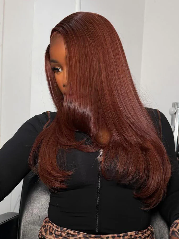 CurlyMe Layered Cut Reddish Brown Straight Hair 7x5 Pre-Cut Swiss Lace Wear Go Glueless Wigs With Adjustable String - Image 4
