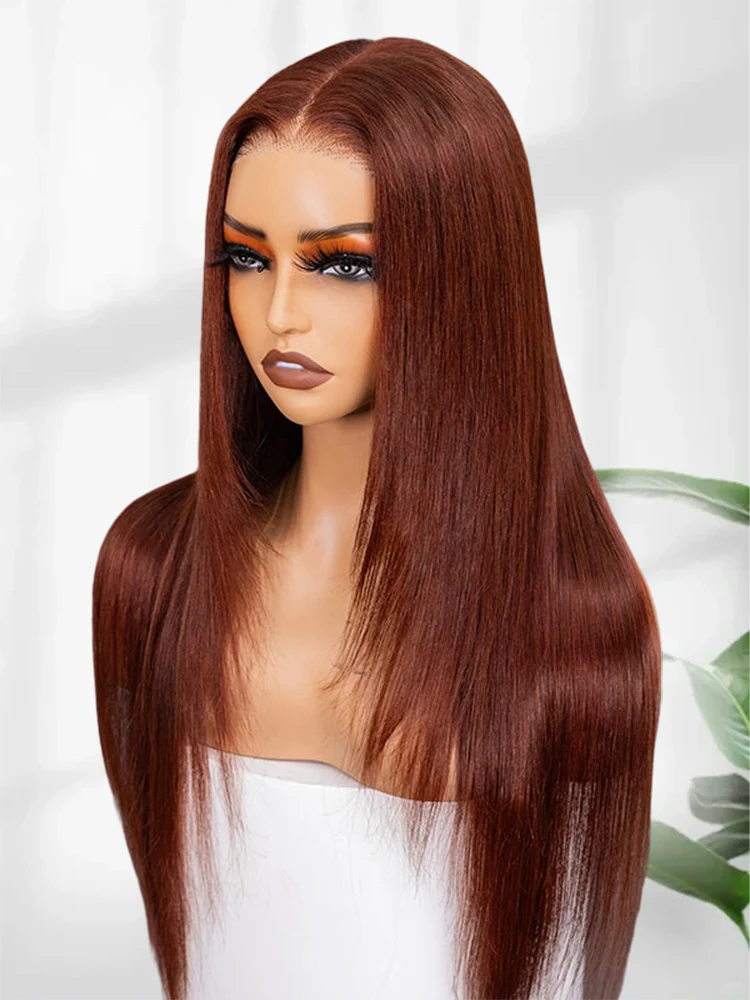 CurlyMe Layered Cut Reddish Brown Straight Hair 7x5 Pre-Cut Swiss Lace Wear Go Glueless Wigs With Adjustable String - Image 5