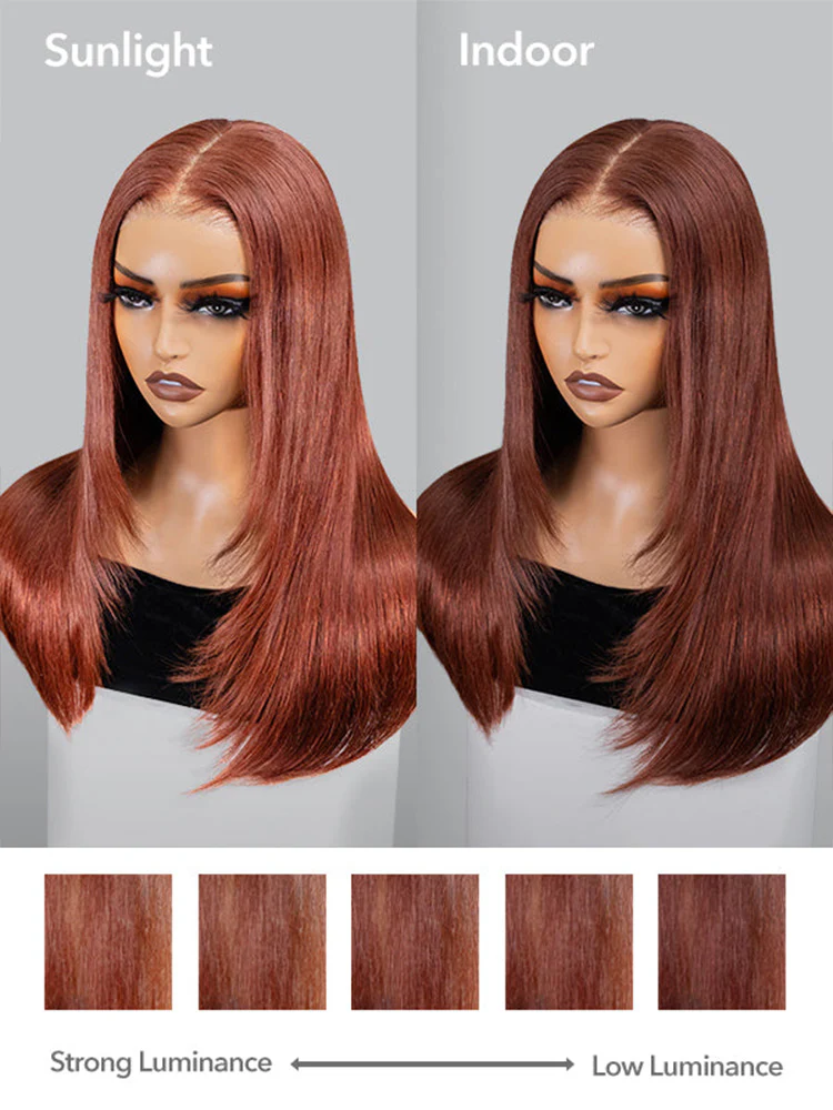 CurlyMe Layered Cut Reddish Brown Straight Hair 7x5 Pre-Cut Swiss Lace Wear Go Glueless Wigs With Adjustable String - Image 8