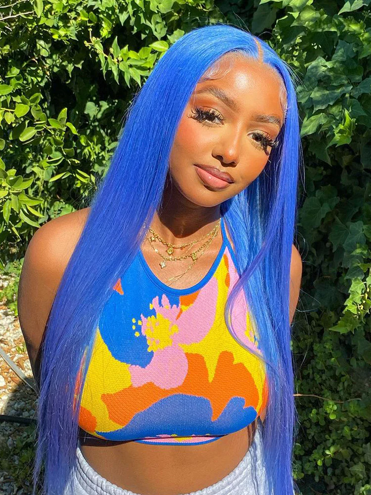 CurlyMe Gemstone Blue Colour Hair Lace Front Wigs Pre Plucked Straight Human Hair - Image 2