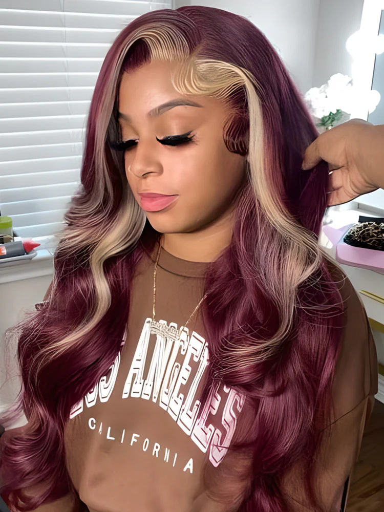 CurlyMe Burgundy Color Straight Hair With Blonde Skunk Stripe 13x4 Lace Front Wig Highlights Ombre Hair - Image 3